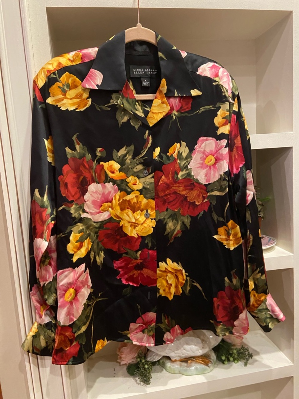 Vintage Ellen Tracy Black Silk Blouse with Yellow, Red & Pink Floral Print